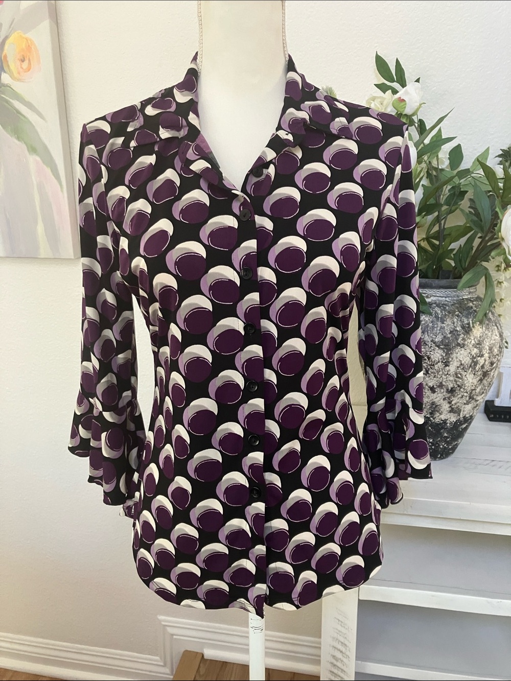 Y2k Abstract Purple Button-Front Blouse with Three-Quarter Sleeves